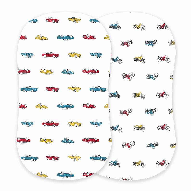 Pair of bassinet sheets with repeating vintage car and motorcycle pattern
