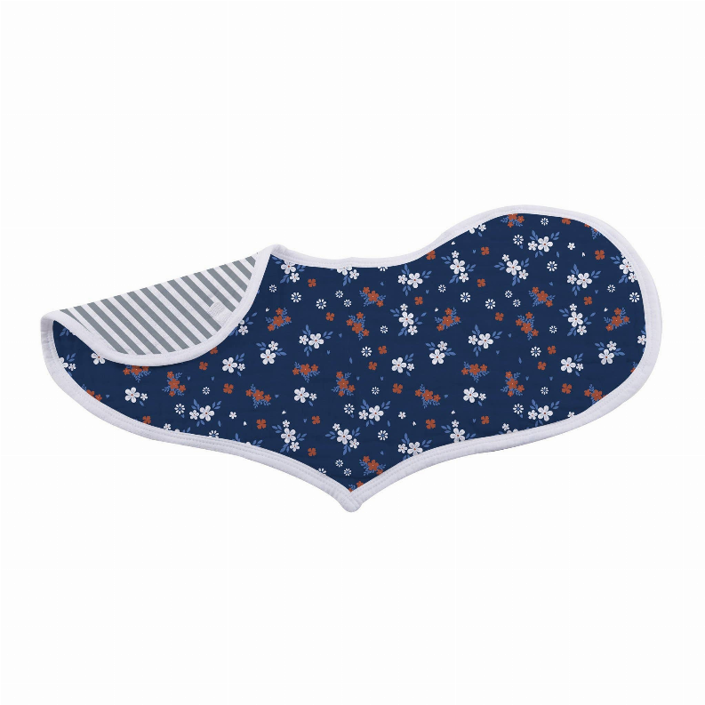 Heart bib with navy floral body and grey striped top panel