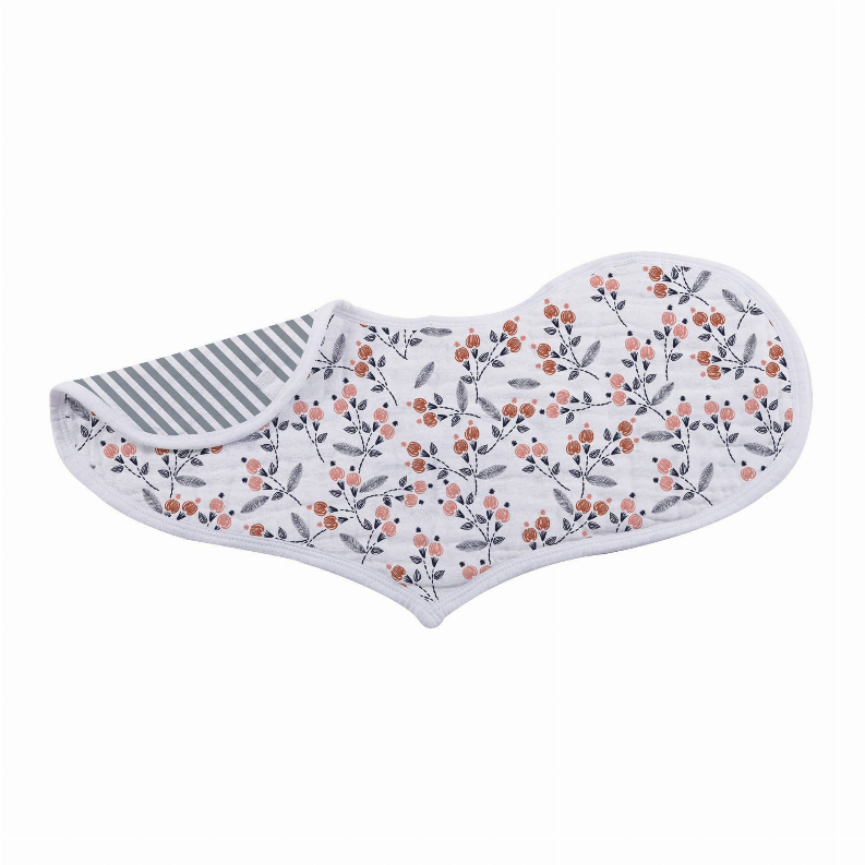 Heart bib with white fabric and scattered floral print in orange and blue