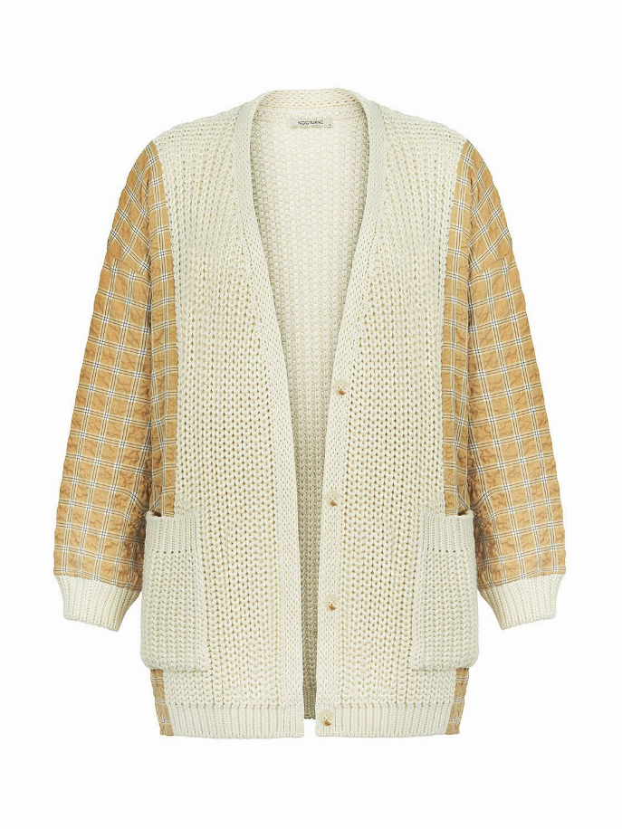 Cream knit cardigan with yellow plaid sleeves, button front, and ribbed knit edges