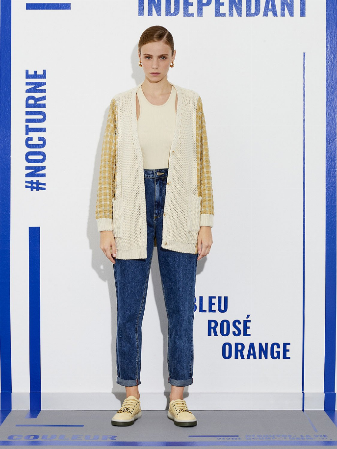 Front-opening knit cardigan in cream with yellow plaid sleeves and ribbed trim
