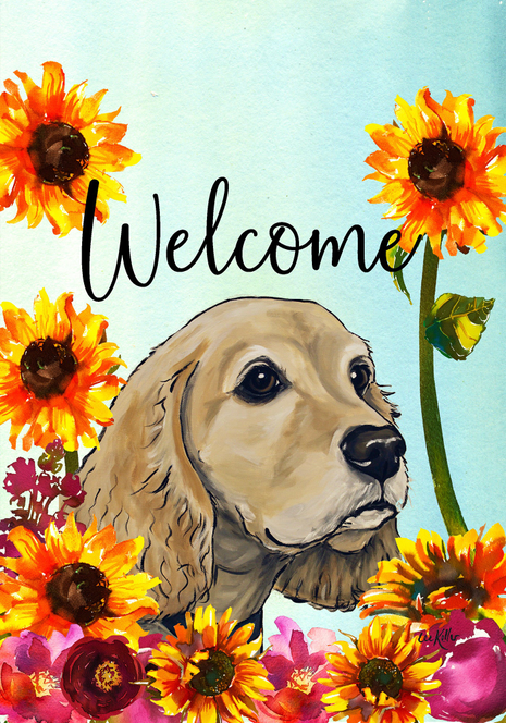 Garden flag with dog portrait, sunflowers, and “Welcome” text