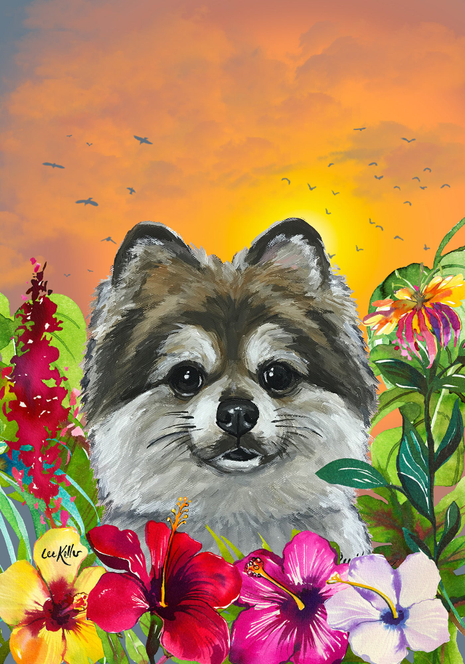 Tropical garden flag with illustrated Pomeranian face and colorful hibiscus flowers