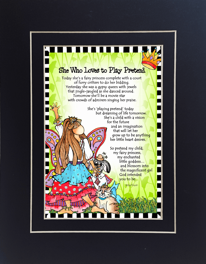 Framed cartoon illustration gift print with girl and dog, green background, check trim