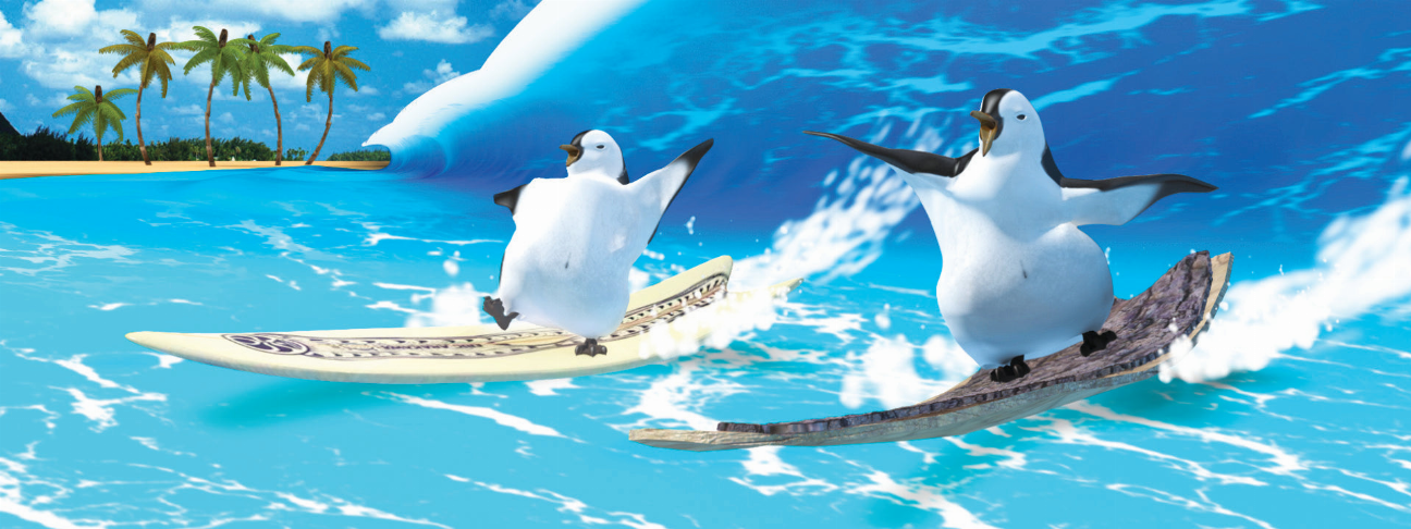 Animal art motion bookmark ruler featuring two penguins surfing on surfboards