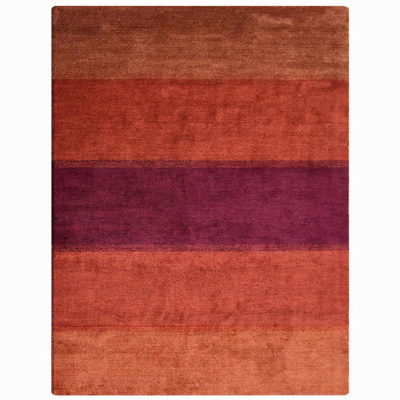 Silk mix area rug with horizontal bands in brown, rust, and purple