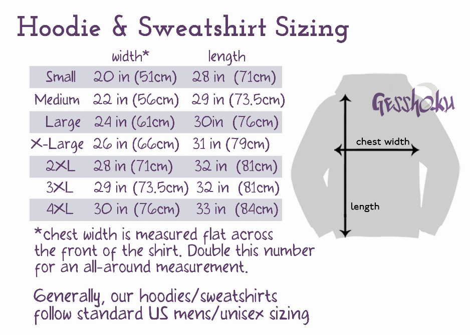 Hoodie and sweatshirt sizing chart table with chest width and length guide