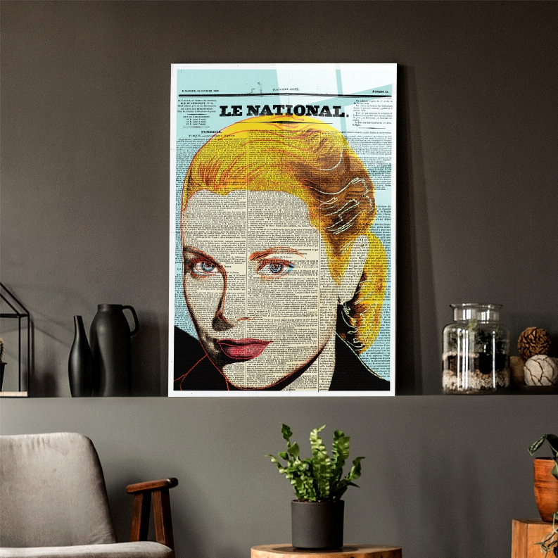 Framed newspaper glass wall art with centered Grace Kelly newspaper portrait