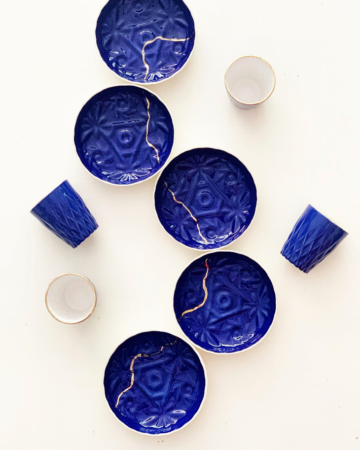 Handmade cobalt blue ceramic coffee cup set with textured round pieces