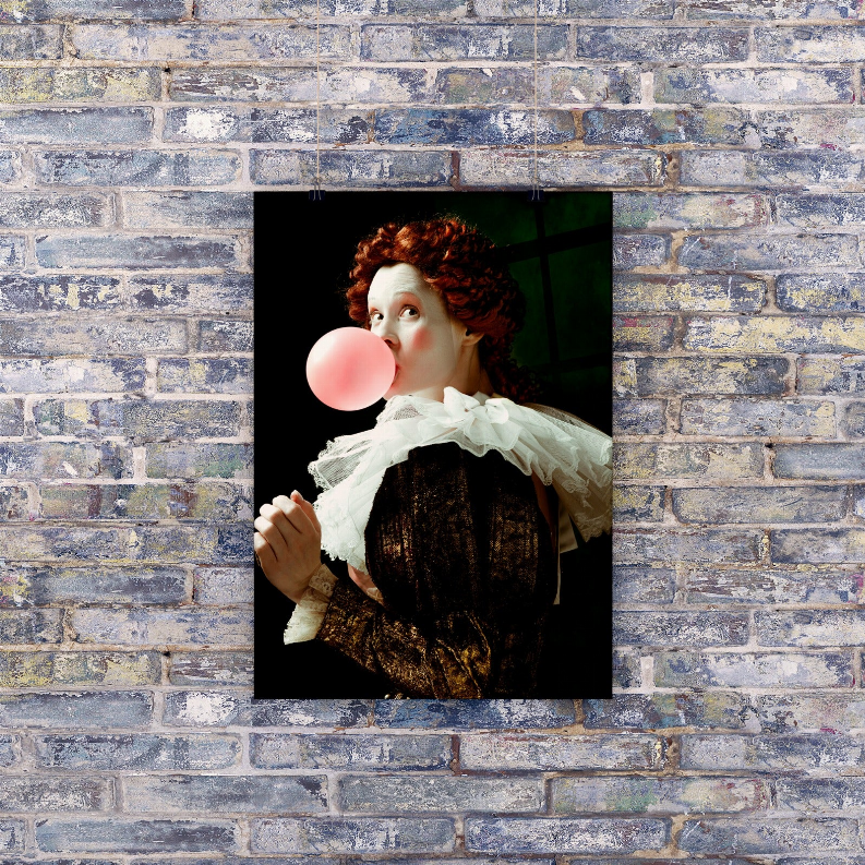 Framed Victorian wall art rectangle showing curly red-haired woman in dark dress holding pink bubble