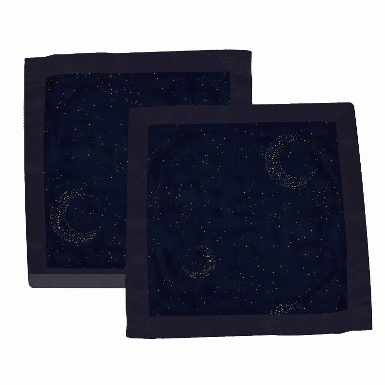 Dark navy baby security blankie with moon and star pattern, folded set of two