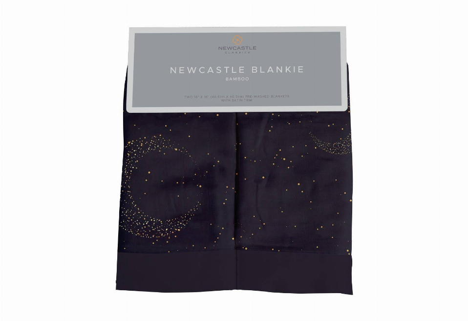 Newcastle Blankie bamboo baby security blankie, dark navy with moon and star print