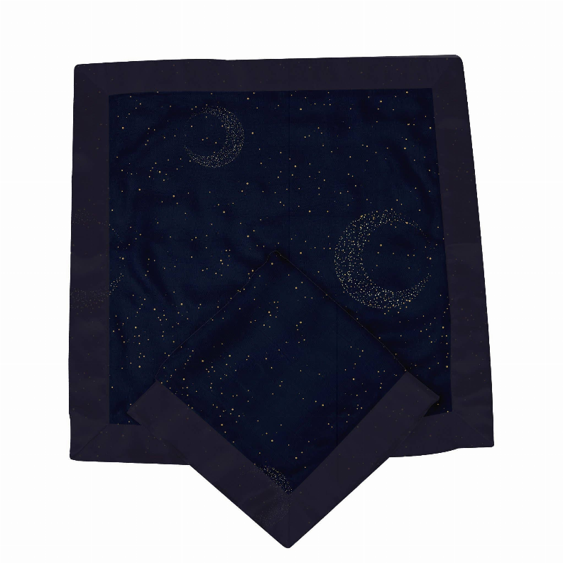 Dark navy baby security blankie with moon-and-star print and pointed corner