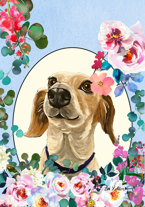 Dachshund garden flag with piebald hound portrait surrounded by colorful flowers