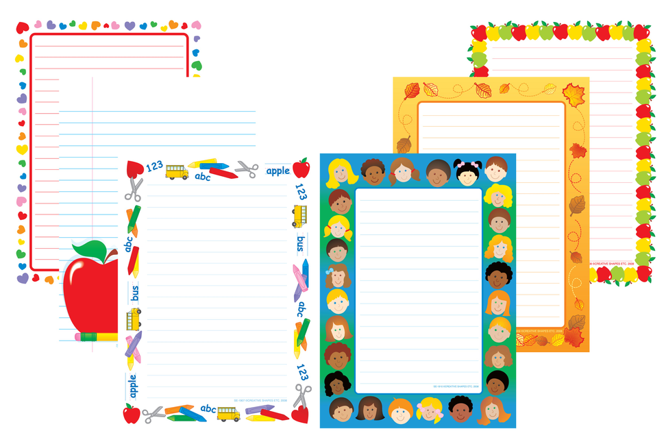 Colorful lined notepad set with apple and pencil illustrations, kid-themed borders