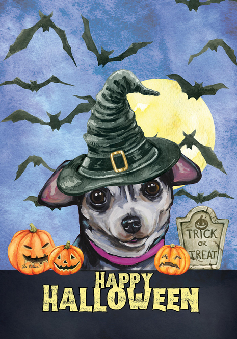 Halloween house flag featuring black-and-white Chihuahua wearing a witch hat