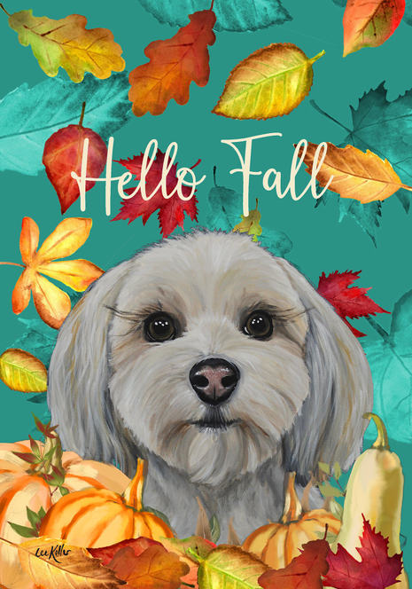 Hello Fall garden flag with cream Havanese dog and autumn leaves