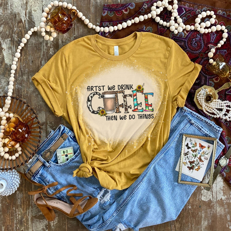 Mustard yellow crewneck short-sleeve T-shirt with coffee graphic print