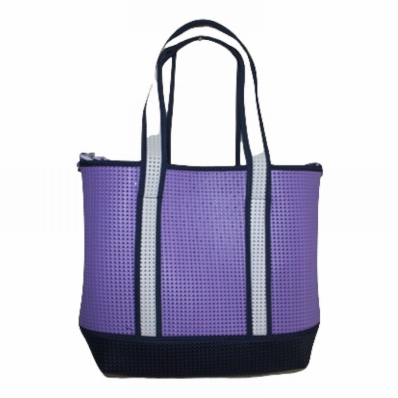 Purple tote bag with gray-striped handles and black textured bottom