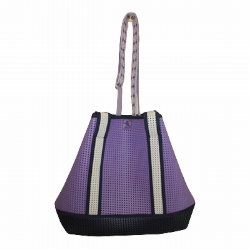 Purple tote bag with long vertical handles and gray-striped front panel