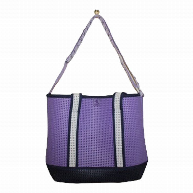 Purple bucket-style tote with gray-striped panels and black base