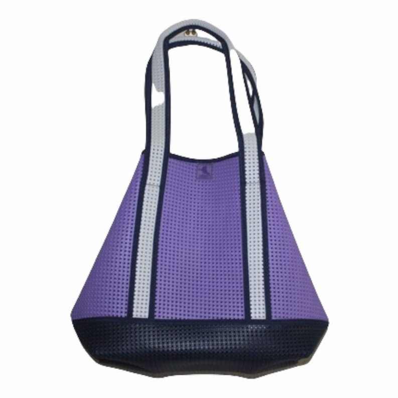 Purple tote bag with tall handles, gray stripes, and black textured bottom