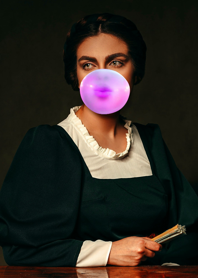 Glass wall art close-up portrait of a woman in dark outfit with white ruffle collar