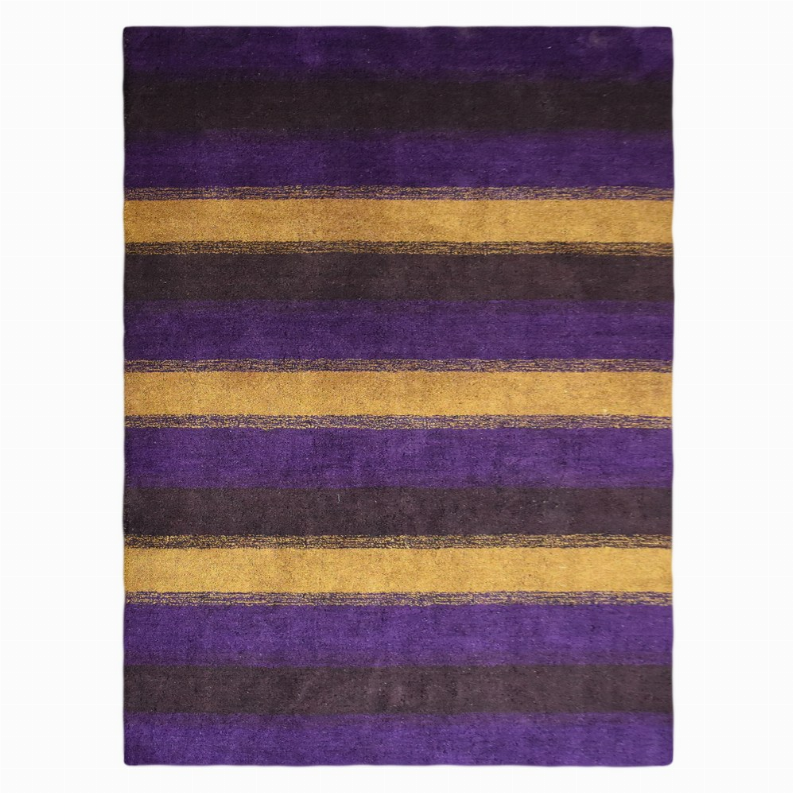 Hand-knotted silk-mix area rug with purple and gold horizontal stripes
