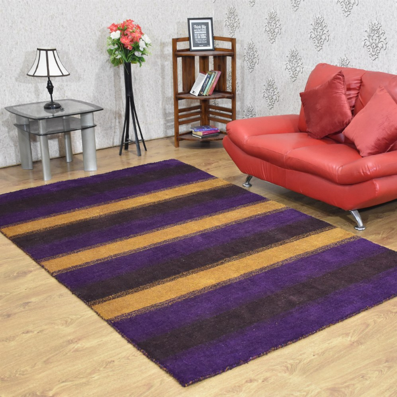 Purple and gold striped area rug with wide horizontal bands