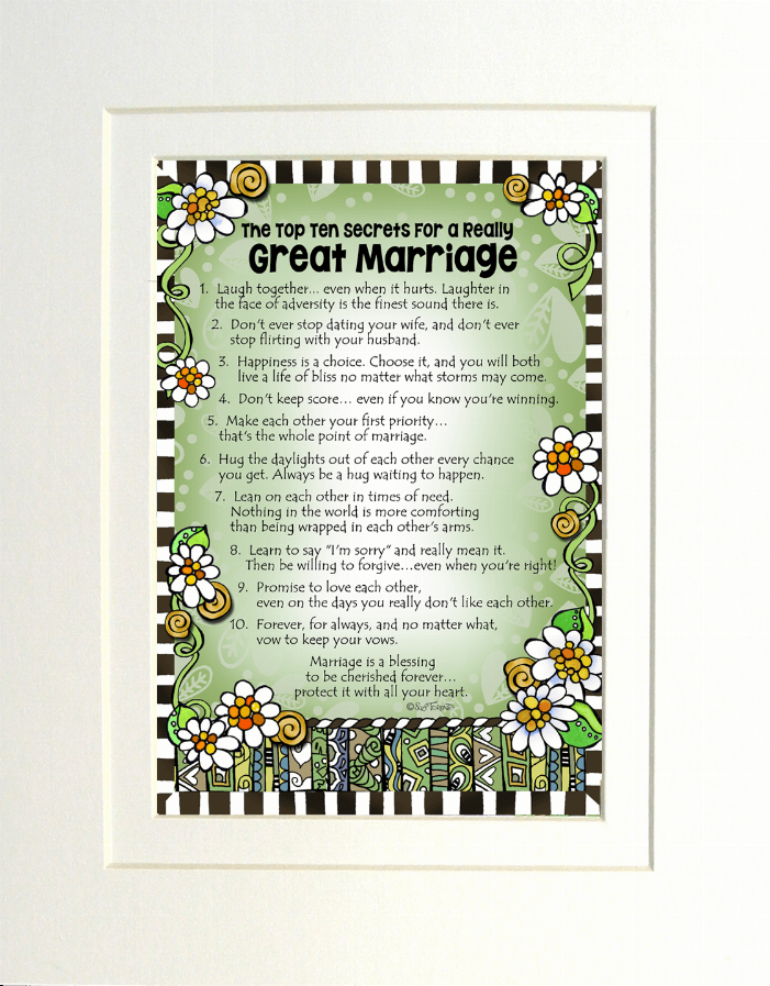 Framed text and flower-themed wall decor: poem titled Great Marriage with daisies