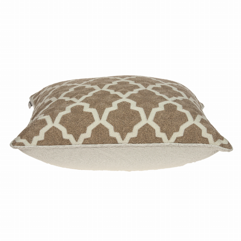 Beige and white geometric square throw pillow with star pattern and piped trim