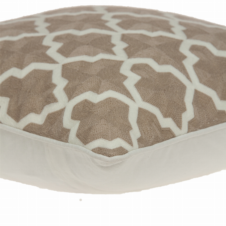 Beige and white geometric throw pillow showing patterned front and solid backing