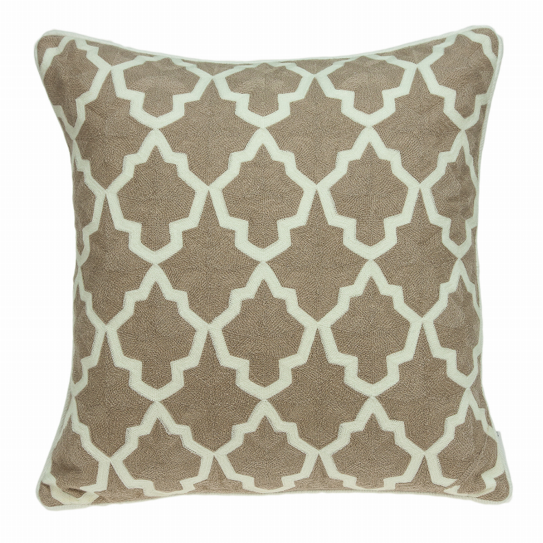 Beige and white geometric throw pillow with star trellis pattern