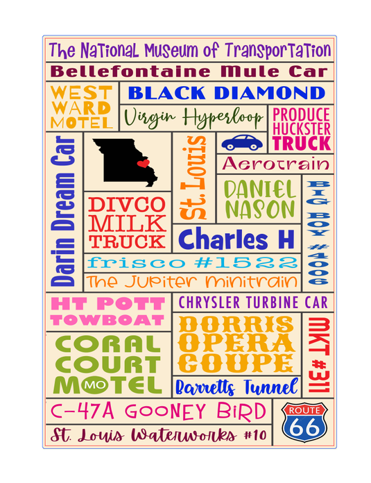 Mah Jongg cutting board with colorful vintage transport collage and text border