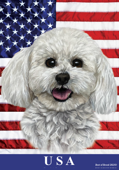 Outdoor Bichon Frise dog show flag with white face and “USA” text