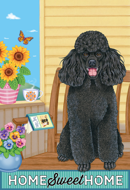 Black poodle garden flag with 'HOME Sweet HOME' text and flowers