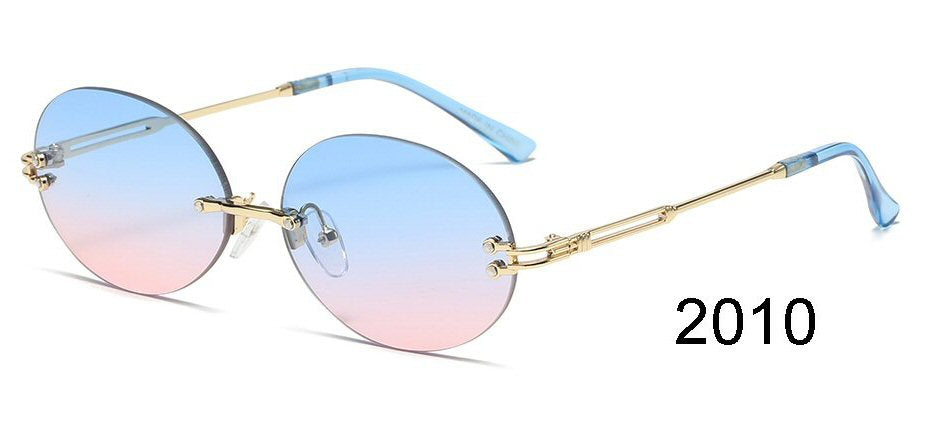 Round sunglasses with blue frame, gold hinges, and pink-to-blue mirrored lenses