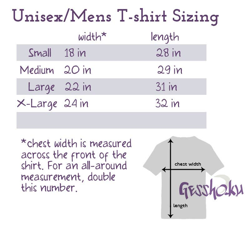 Unisex T-shirt sizing chart diagram with chest width and length measurements
