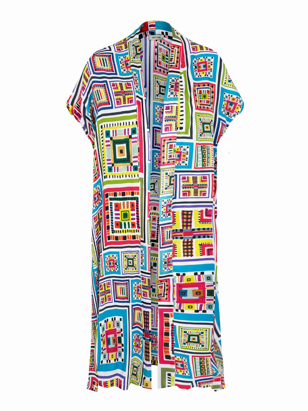 Multi-color printed kimono robe with geometric blocks, short sleeves, open front