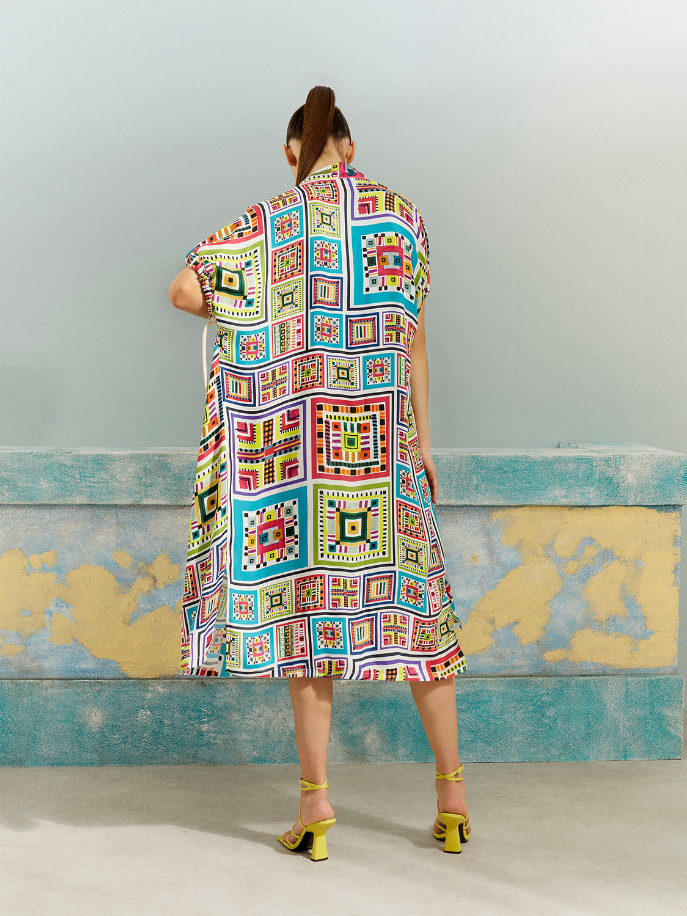 Back view printed kimono robe with geometric multicolor pattern and wide sleeves