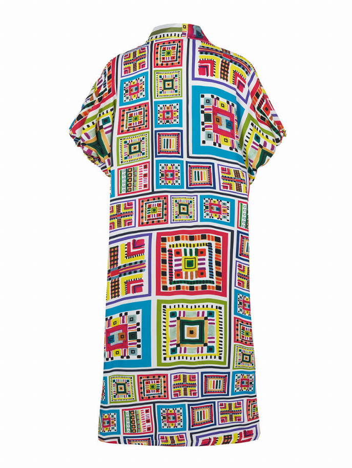 Printed kimono robe with geometric blocks, short wide sleeves, open front
