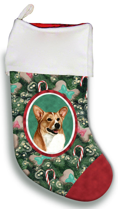 Dog portrait Christmas stocking with white cuff, green patterned fabric, and red trim