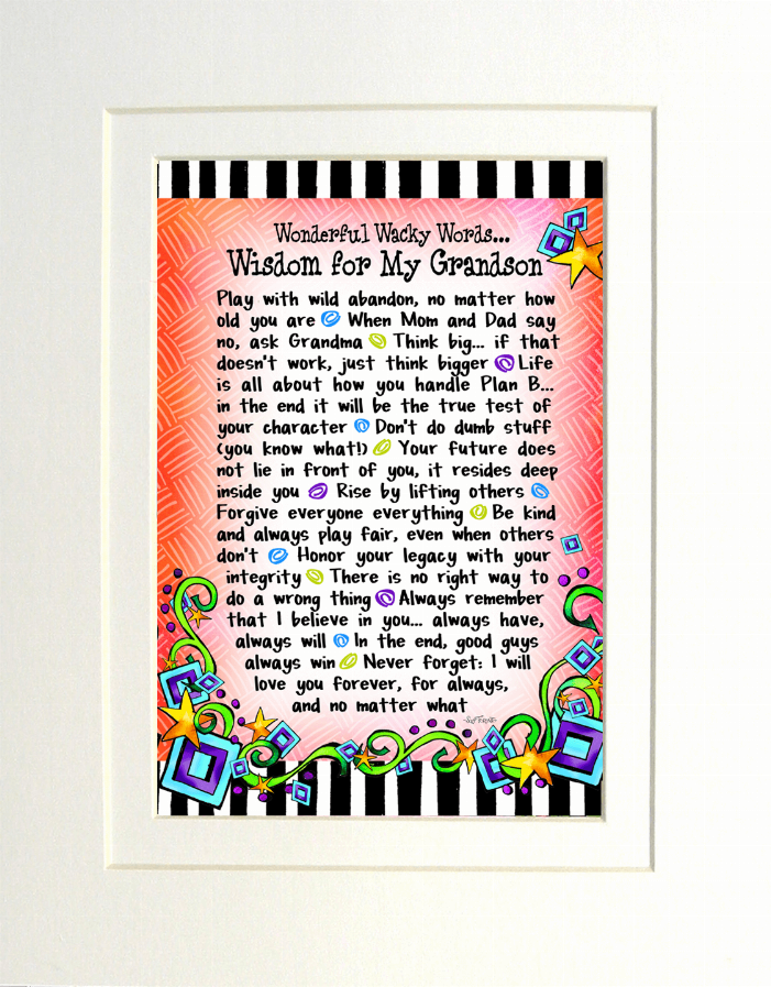 Framed wisdom-themed gift art print with rainbow border and grandson message