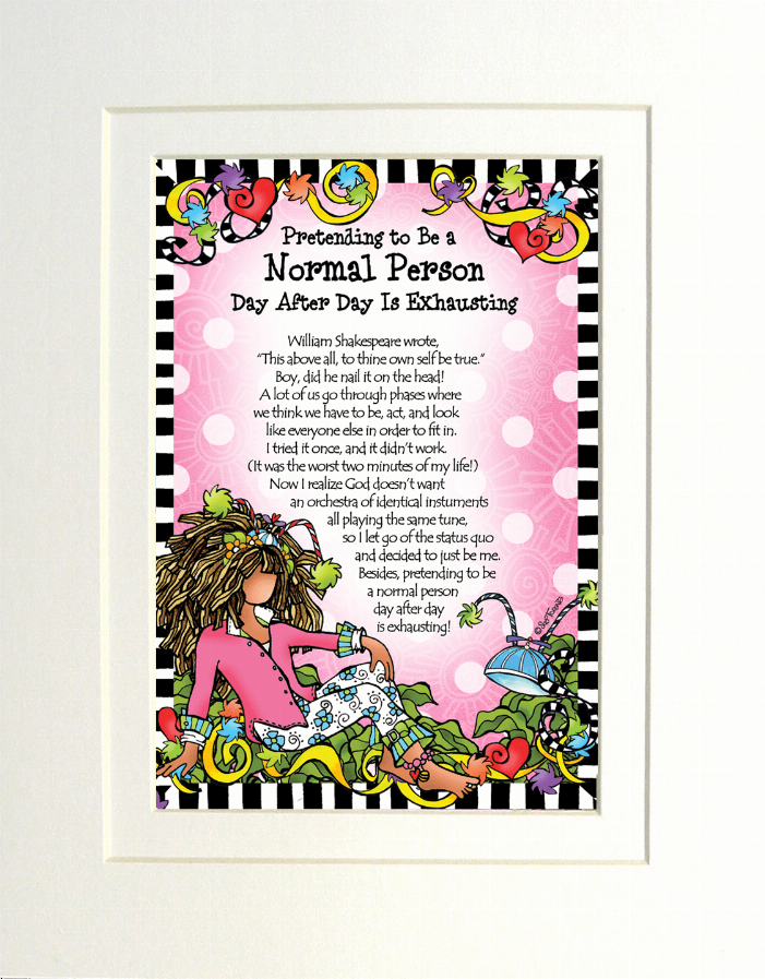 Framed illustrated wall art with pink lettering, cartoon figures, and striped black-white edge