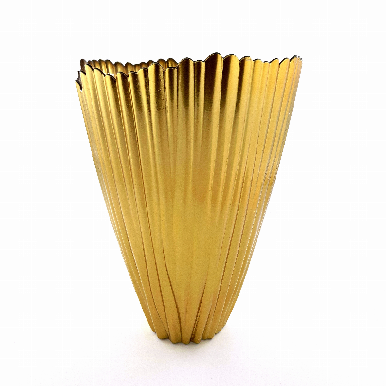 12 in gold ribbed glass vase with fluted sides and flared rim
