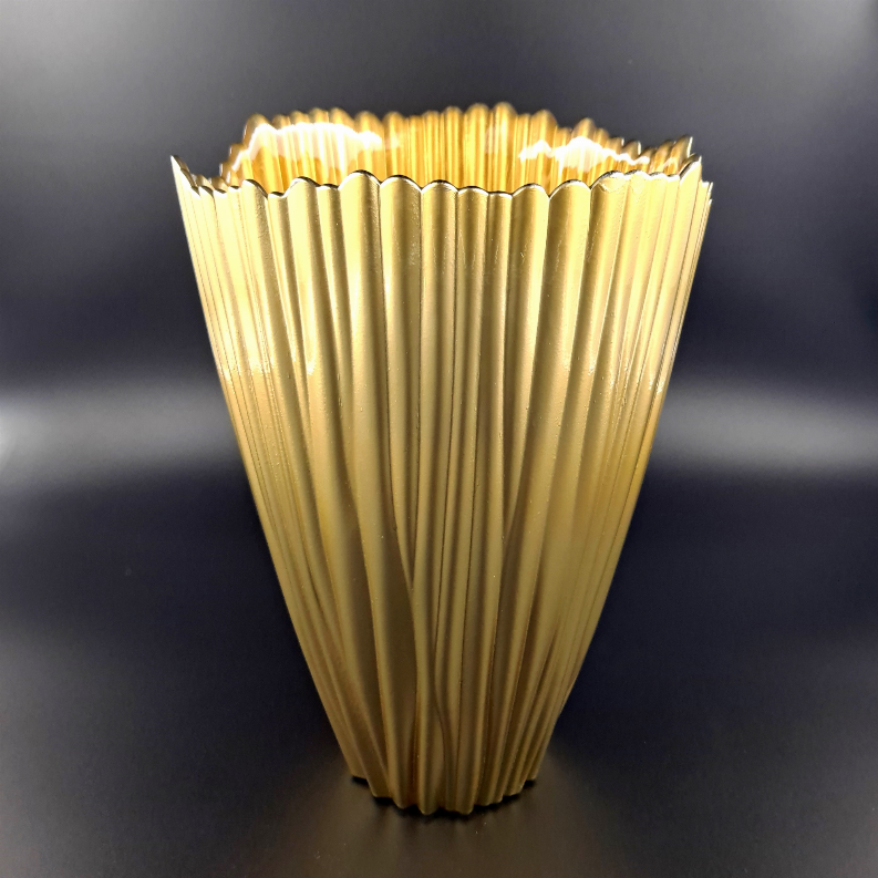 12 in tall gold ribbed glass vase with scalloped flared top