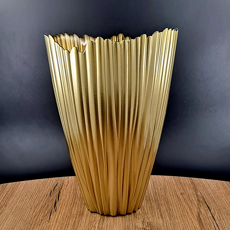 12 in amber-gold fluted glass vase with vertical ridges and round base