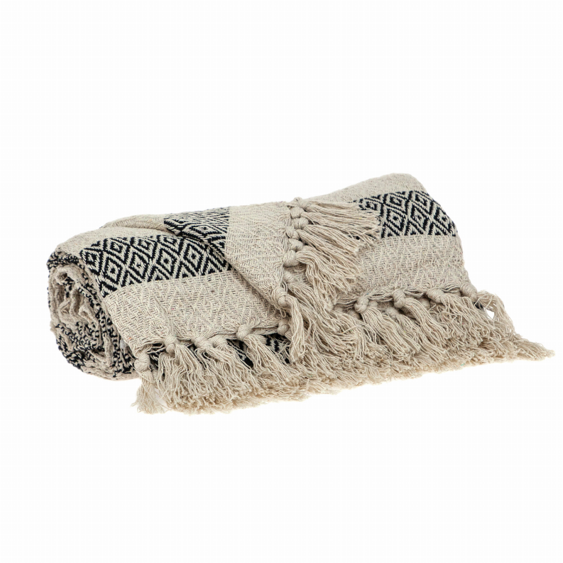 Beige woven handloom throw with black geometric pattern and light tassel fringe edges