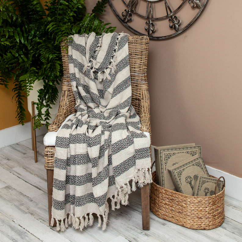 Beige and black geometric woven throw blanket with tassel fringes draped over chair