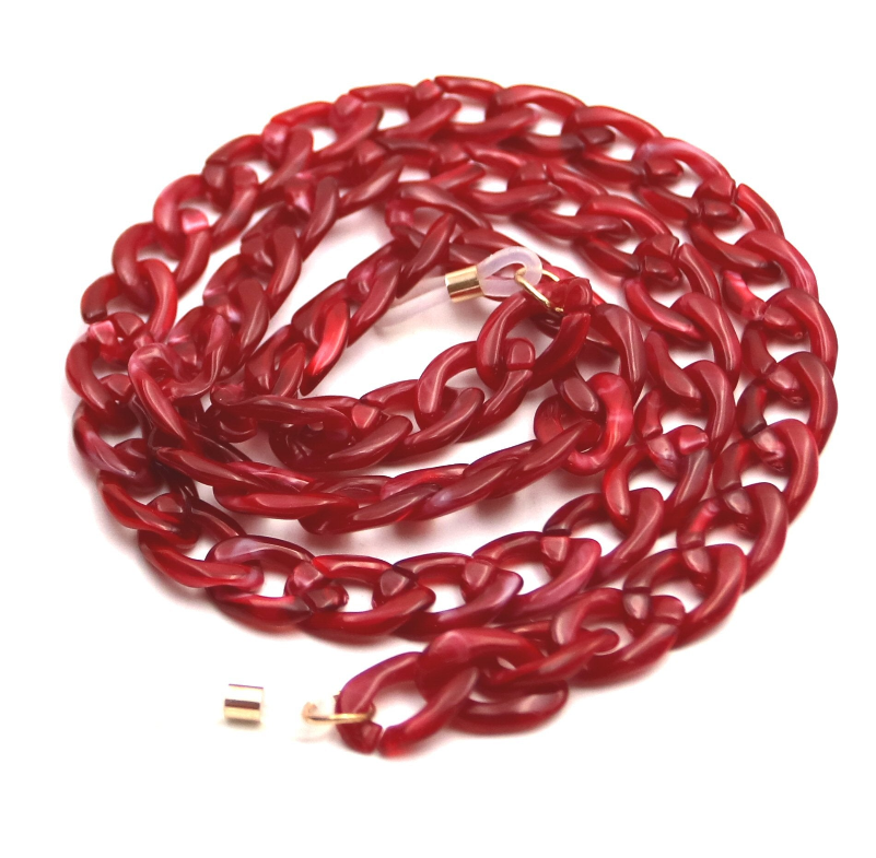 Red eyeglasses holder chain, coiled with metal end caps and clasp hook